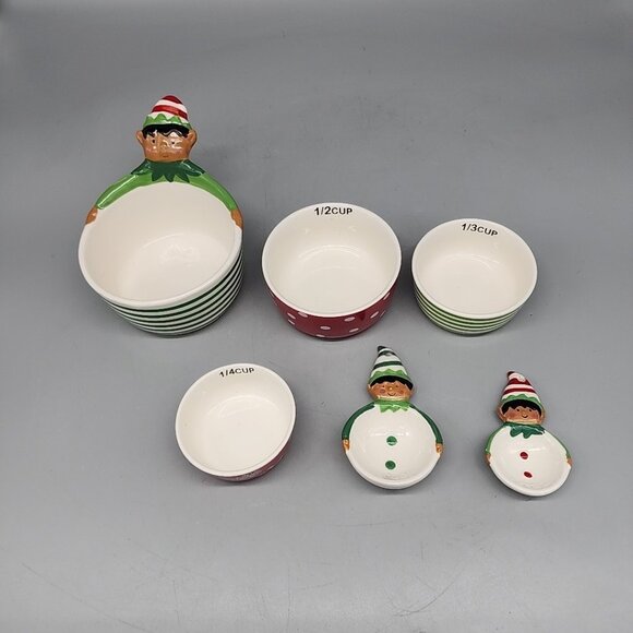 Christmas Elf Nesting Measuring Cups Spoons Set of 6  Stoneware Ceramic - Picture 2 of 5